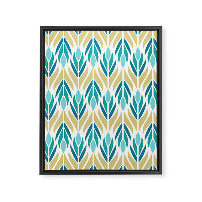 Mid Century Modern Abstract Floral Pattern in Turquoise Teal Aqua and Marigold Framed Canvas Print Gallery Image 1