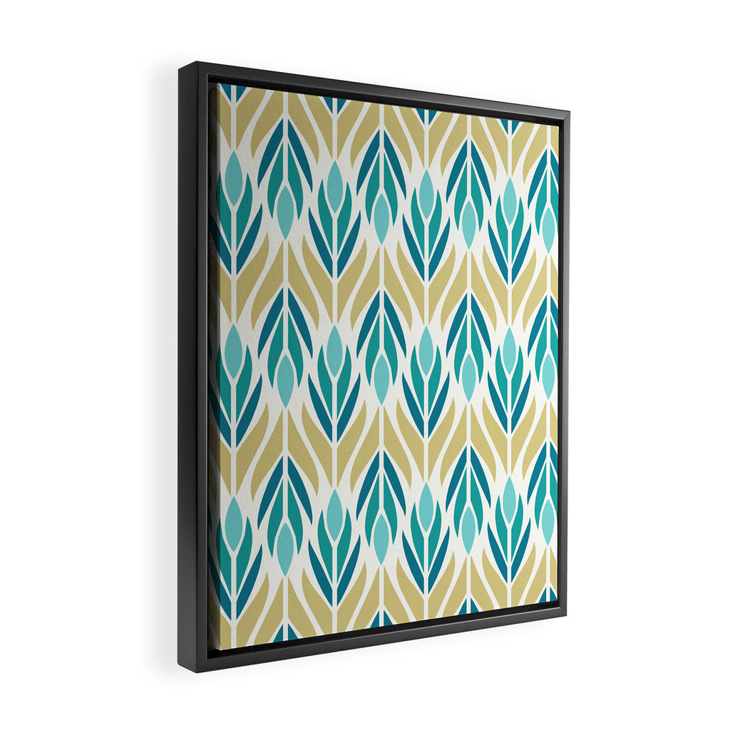 Mid Century Modern Abstract Floral Pattern in Turquoise Teal Aqua and Marigold Framed Canvas Print Gallery Image 2