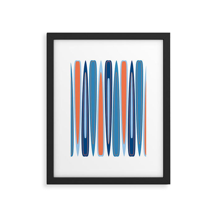 Mid Century Modern Vintage Inspired Stripes in Classic Blues and Muted Orange Framed Art Print Gallery Image 1