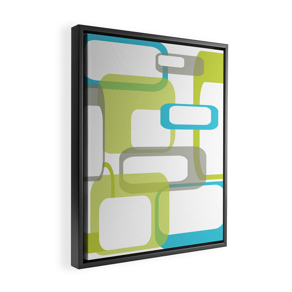 Mid-Century Modern Rectangle Design Blue Green and Gray Framed Canvas Print Gallery Image 2
