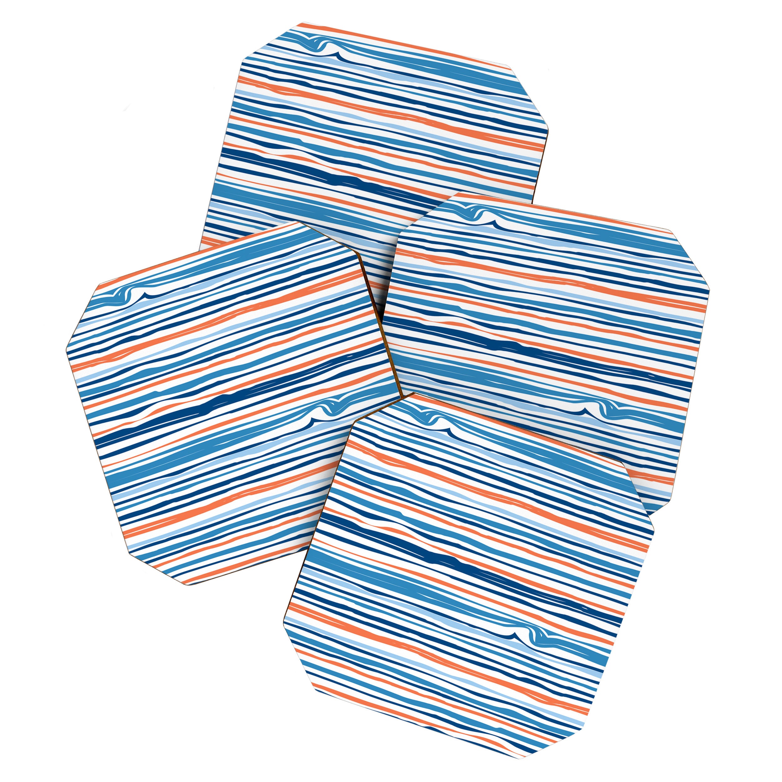 Modern Abstract Ocean Wave Stripes in Classic Blues and Orange Coaster Gallery Image 1