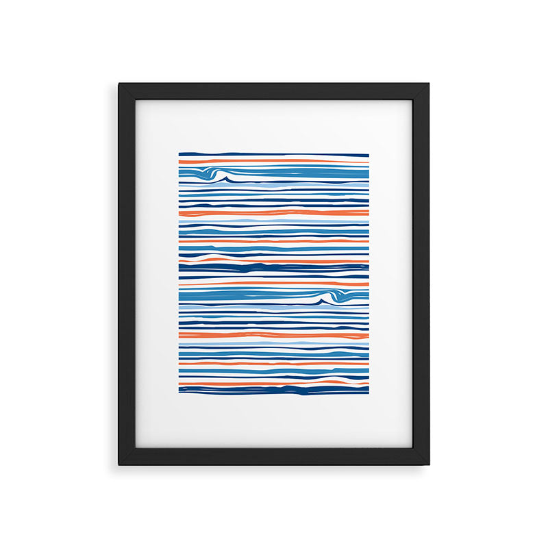 Modern Abstract Ocean Wave Stripes in Classic Blues and Orange Framed Art Print Gallery Image 6