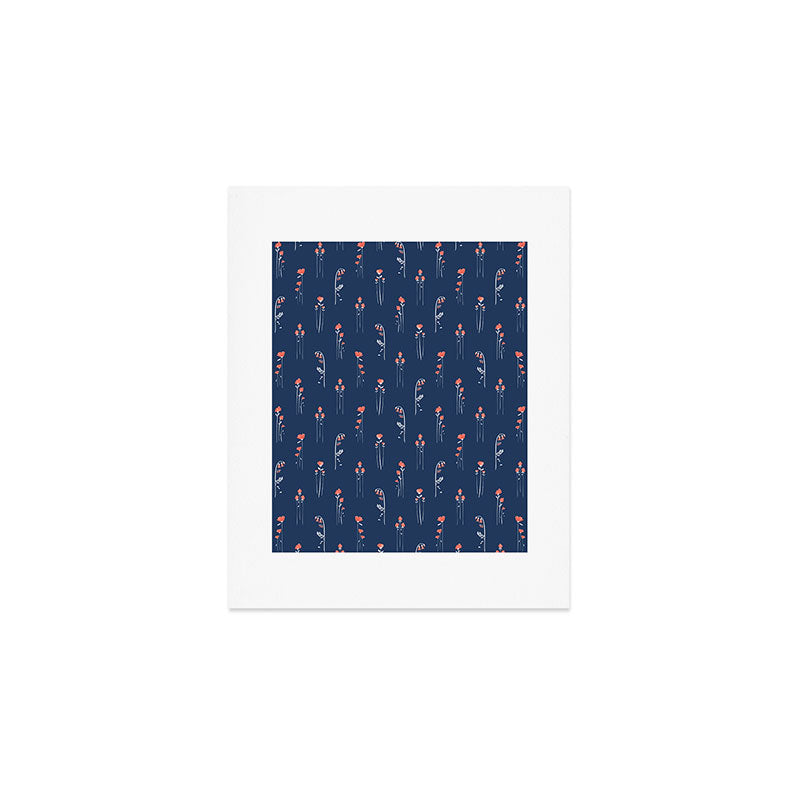 Retro Dark Flower Pattern in Modern Navy and Coral Art Print Gallery Image 1