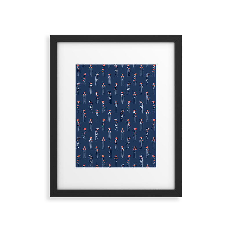 Retro Dark Flower Pattern in Modern Navy and Coral Framed Art Print Gallery Image 6