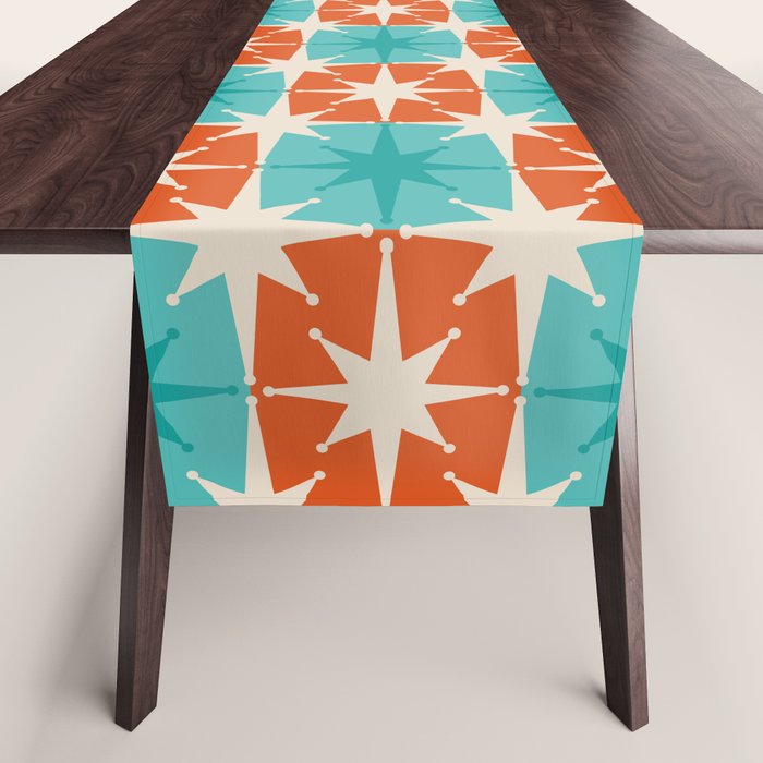 Mid Century Modern Atomic Stars Retro Checkered Starburst Pattern in Teal Turquoise Orange Table Runner Gallery Image 1