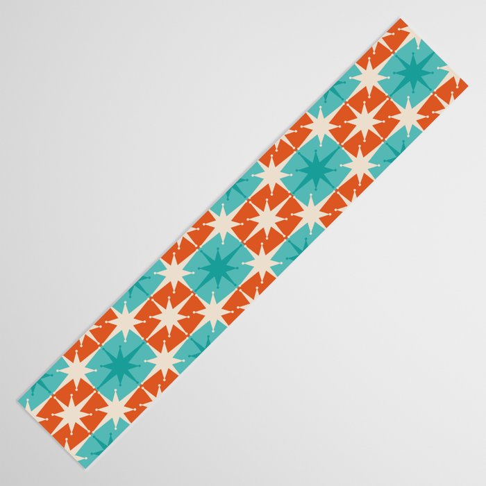 Mid Century Modern Atomic Stars Retro Checkered Starburst Pattern in Teal Turquoise Orange Table Runner Gallery Image 3