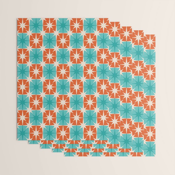 Mid Century Modern Atomic Stars Retro Checkered Starburst Pattern in Teal Turquoise Orange Wrapping Paper Gallery Image 3