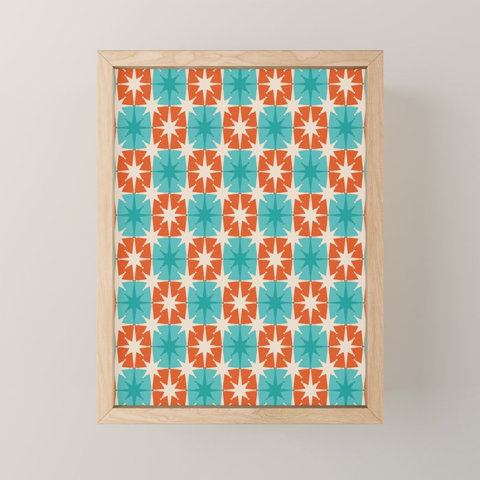 Mid Century Modern Atomic Stars Retro Checkered Starburst Pattern in Teal Turquoise Orange Mini Art Print Gallery Image 1