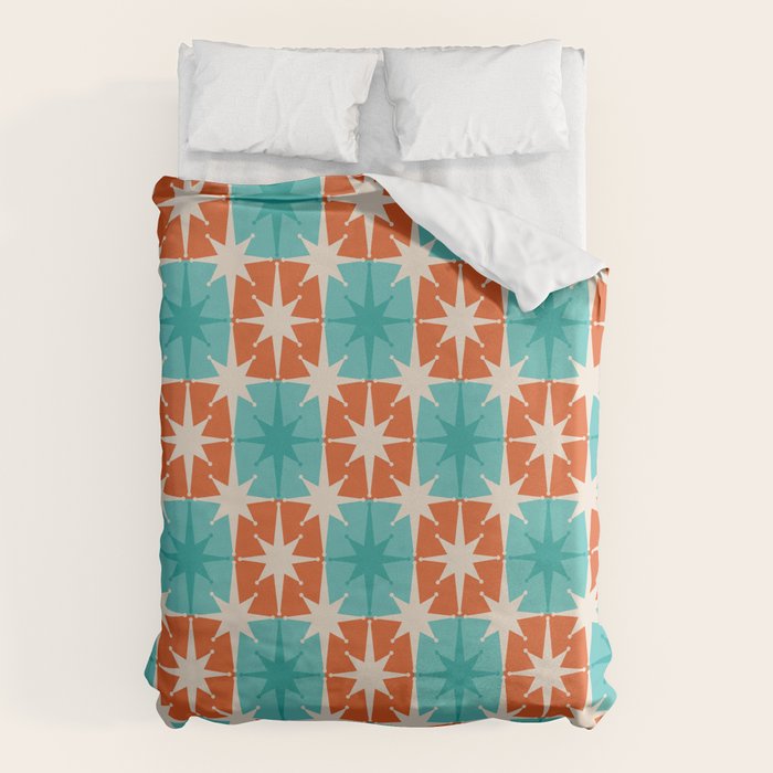 Mid Century Modern Atomic Stars Retro Checkered Starburst Pattern in Teal Turquoise Orange Duvet Cover Gallery Image 6
