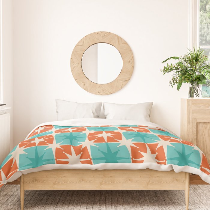 Mid Century Modern Atomic Stars Retro Checkered Starburst Pattern in Teal Turquoise Orange Duvet Cover Gallery Image 3