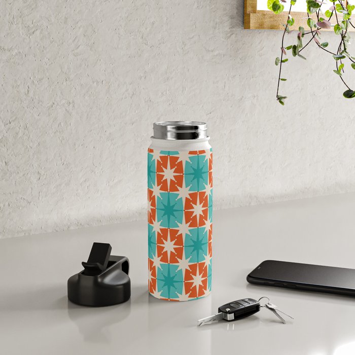 Mid Century Modern Atomic Stars Retro Checkered Starburst Pattern in Teal Turquoise Orange Water Bottle Gallery Image 4