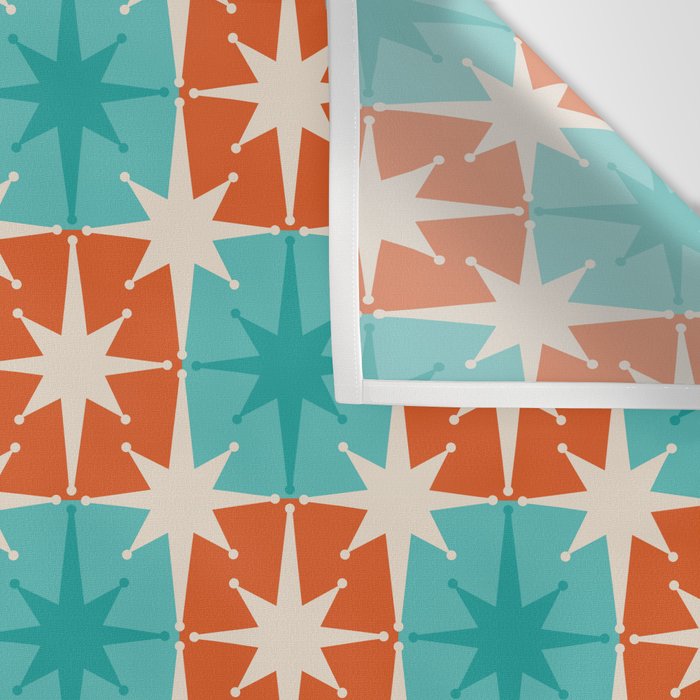 Mid Century Modern Atomic Stars Retro Checkered Starburst Pattern in Teal Turquoise Orange Wall Tapestry Gallery Image 3