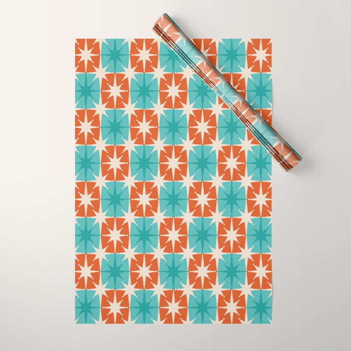 Mid Century Modern Atomic Stars Retro Checkered Starburst Pattern in Teal Turquoise Orange Wrapping Paper Gallery Image 1