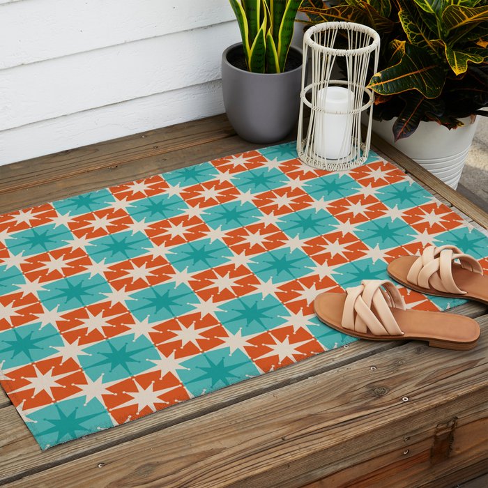 Mid Century Modern Atomic Stars Retro Checkered Starburst Pattern in Teal Turquoise Orange Outdoor Rug Gallery Image 2