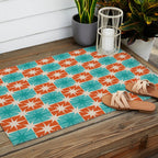 Mid Century Modern Atomic Stars Retro Checkered Starburst Pattern in Teal Turquoise Orange Outdoor Rug Gallery Image 2