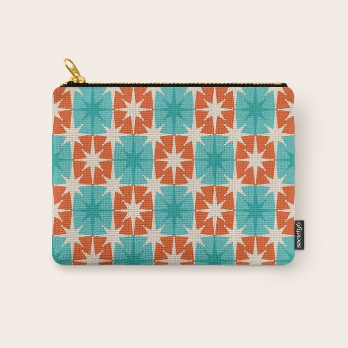 Mid Century Modern Atomic Stars Retro Checkered Starburst Pattern in Teal Turquoise Orange Carry All Pouch Gallery Image 1
