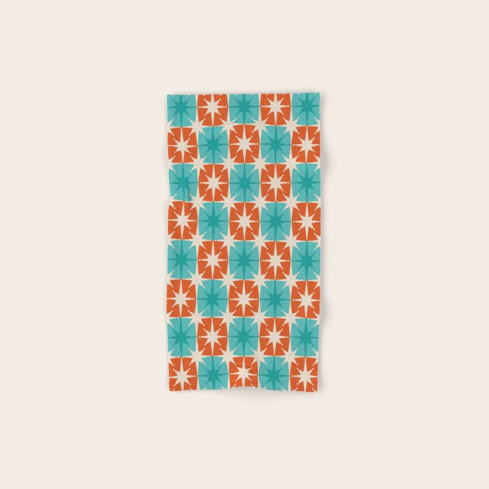 Mid Century Modern Atomic Stars Retro Checkered Starburst Pattern in Teal Turquoise Orange Bath Towel Gallery Image 1