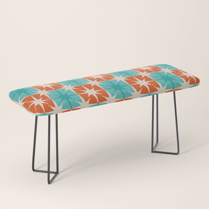 Mid Century Modern Atomic Stars Retro Checkered Starburst Pattern in Teal Turquoise Orange Bench Gallery Image 1