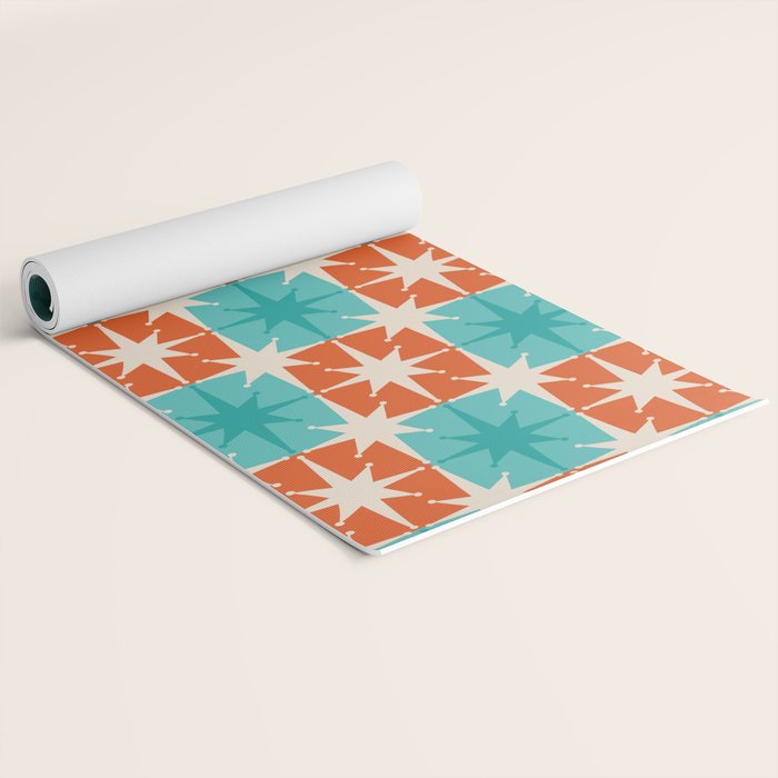 Mid Century Modern Atomic Stars Retro Checkered Starburst Pattern in Teal Turquoise Orange Yoga Mat Gallery Image 2