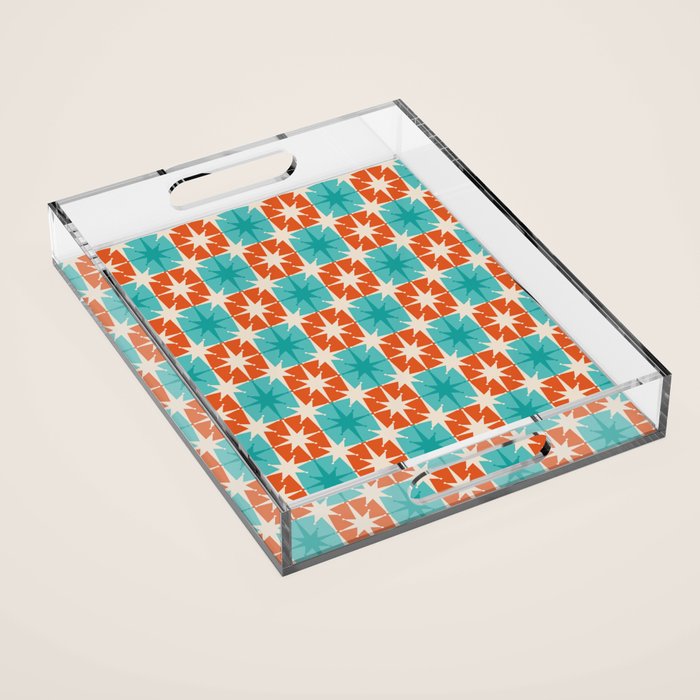 Mid Century Modern Atomic Stars Retro Checkered Starburst Pattern in Teal Turquoise Orange Acrylic Tray Gallery Image 1