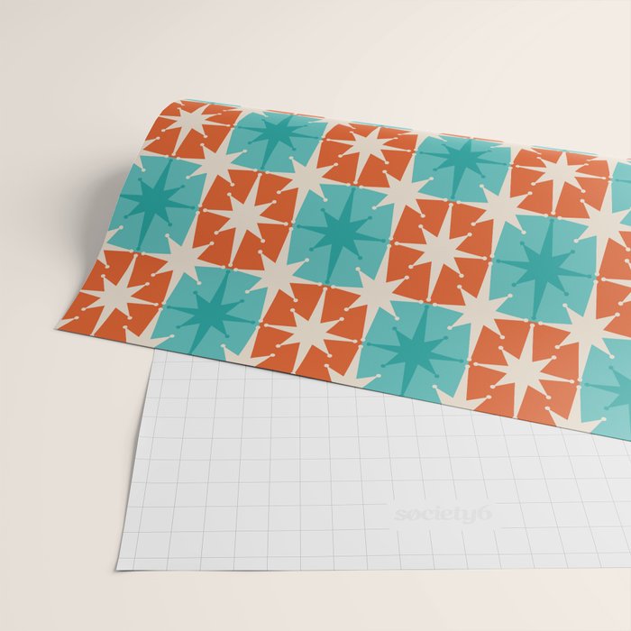 Mid Century Modern Atomic Stars Retro Checkered Starburst Pattern in Teal Turquoise Orange Wrapping Paper Gallery Image 2