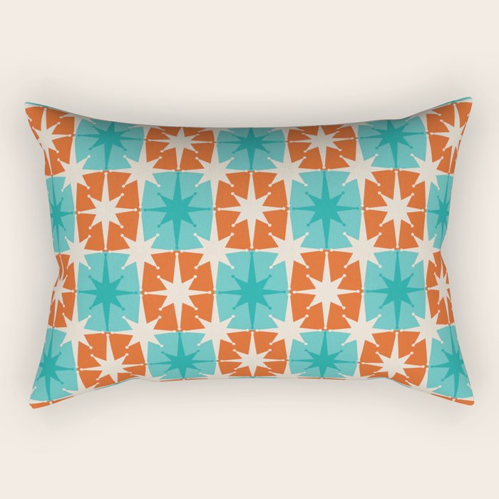 Mid Century Modern Atomic Stars Retro Checkered Starburst Pattern in Teal Turquoise Orange Rectangular Pillow Gallery Image 2