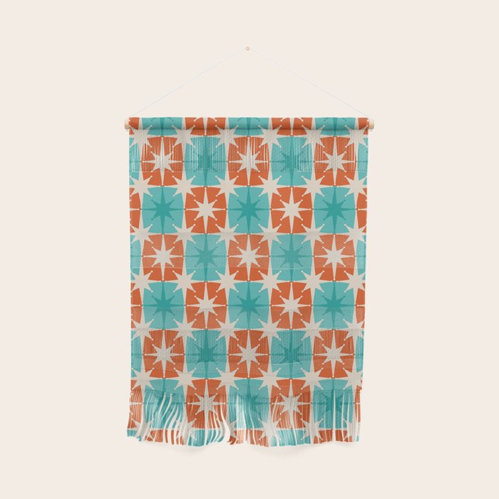Mid Century Modern Atomic Stars Retro Checkered Starburst Pattern in Teal Turquoise Orange Wall Hanging Gallery Image 1