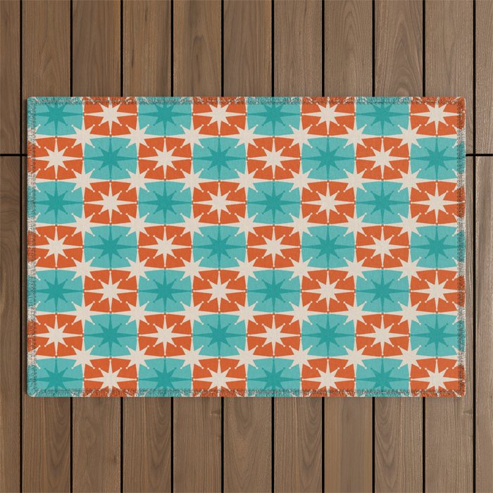 Mid Century Modern Atomic Stars Retro Checkered Starburst Pattern in Teal Turquoise Orange Outdoor Rug Gallery Image 1