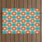 Mid Century Modern Atomic Stars Retro Checkered Starburst Pattern in Teal Turquoise Orange Outdoor Rug Gallery Image 1