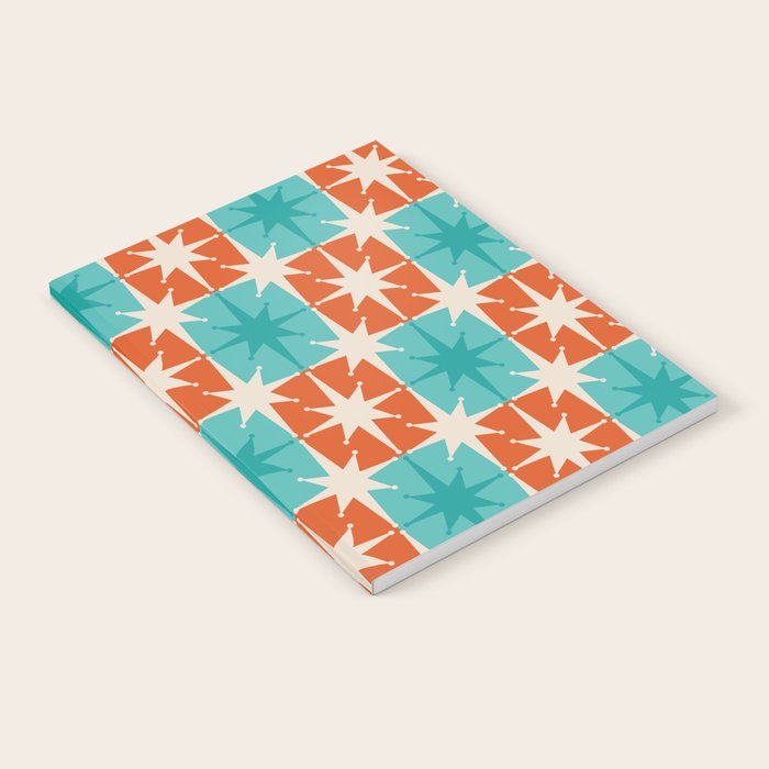 Mid Century Modern Atomic Stars Retro Checkered Starburst Pattern in Teal Turquoise Orange Notebook Gallery Image 1
