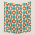 Mid Century Modern Atomic Stars Retro Checkered Starburst Pattern in Teal Turquoise Orange Wall Tapestry Gallery Image 4
