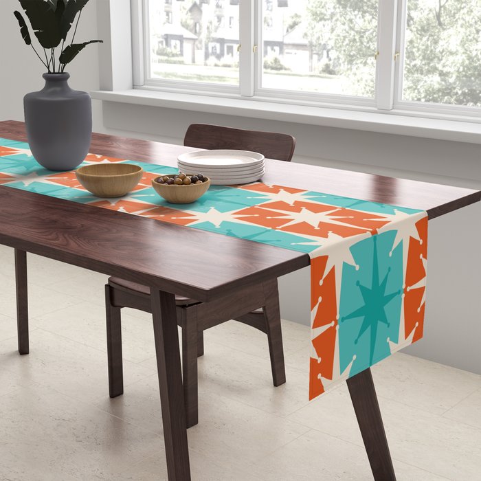 Mid Century Modern Atomic Stars Retro Checkered Starburst Pattern in Teal Turquoise Orange Table Runner Gallery Image 2