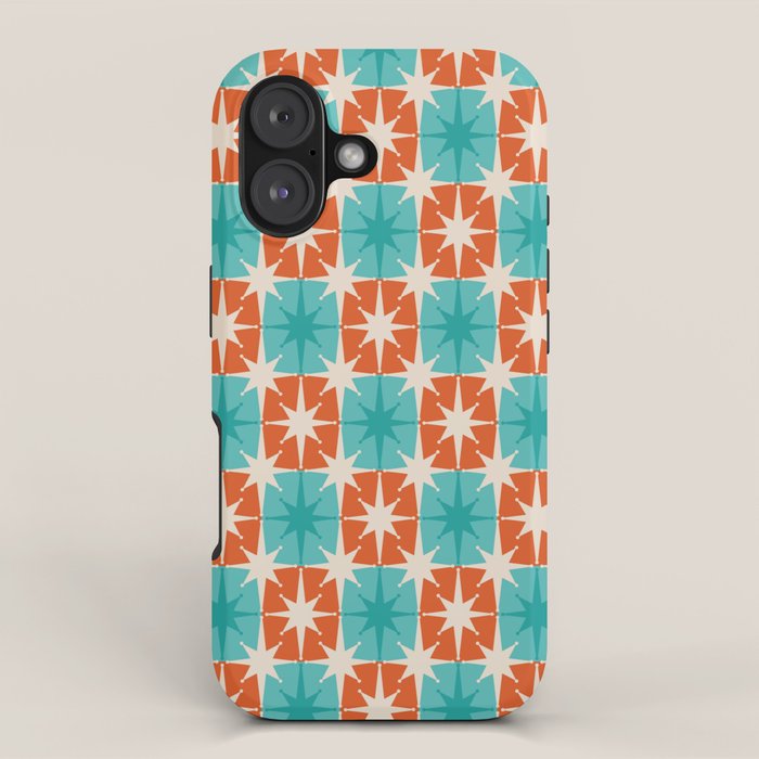 Mid Century Modern Atomic Stars Retro Checkered Starburst Pattern in Teal Turquoise Orange iPhone Case Gallery Image 1