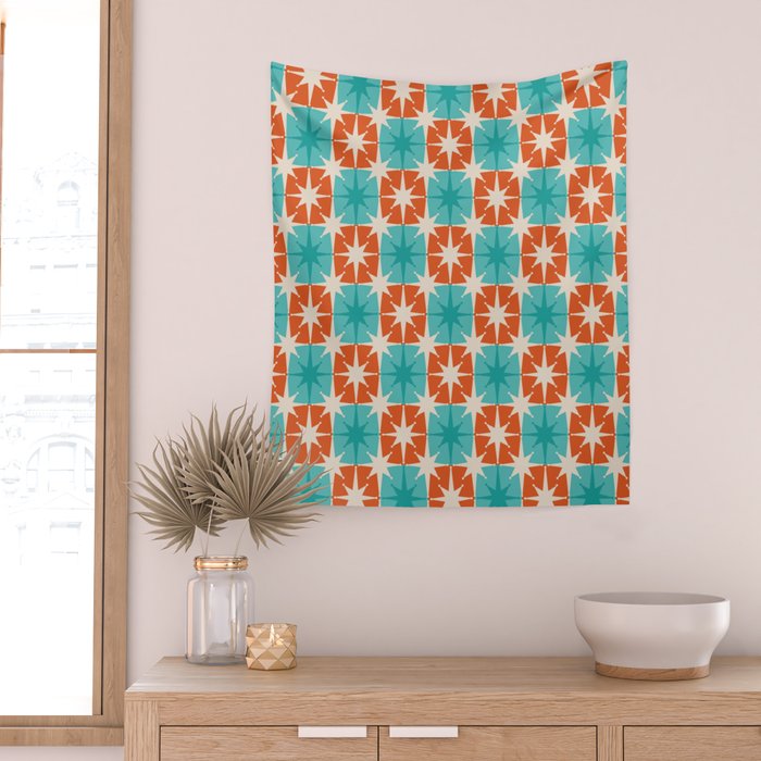 Mid Century Modern Atomic Stars Retro Checkered Starburst Pattern in Teal Turquoise Orange Wall Tapestry Gallery Image 2