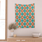 Mid Century Modern Atomic Stars Retro Checkered Starburst Pattern in Teal Turquoise Orange Wall Tapestry Gallery Image 2
