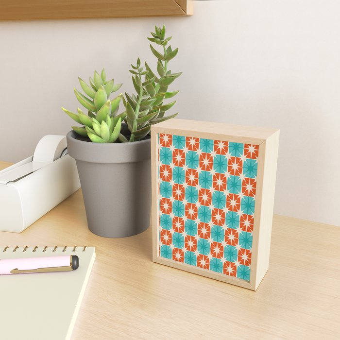 Mid Century Modern Atomic Stars Retro Checkered Starburst Pattern in Teal Turquoise Orange Mini Art Print Gallery Image 2