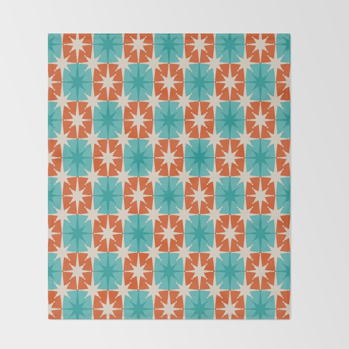 Mid Century Modern Atomic Stars Retro Checkered Starburst Pattern in Teal Turquoise Orange Throw Blanket Gallery Image 2
