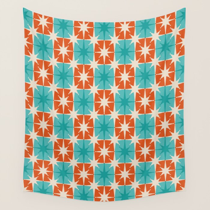 Mid Century Modern Atomic Stars Retro Checkered Starburst Pattern in Teal Turquoise Orange Wall Tapestry Gallery Image 1