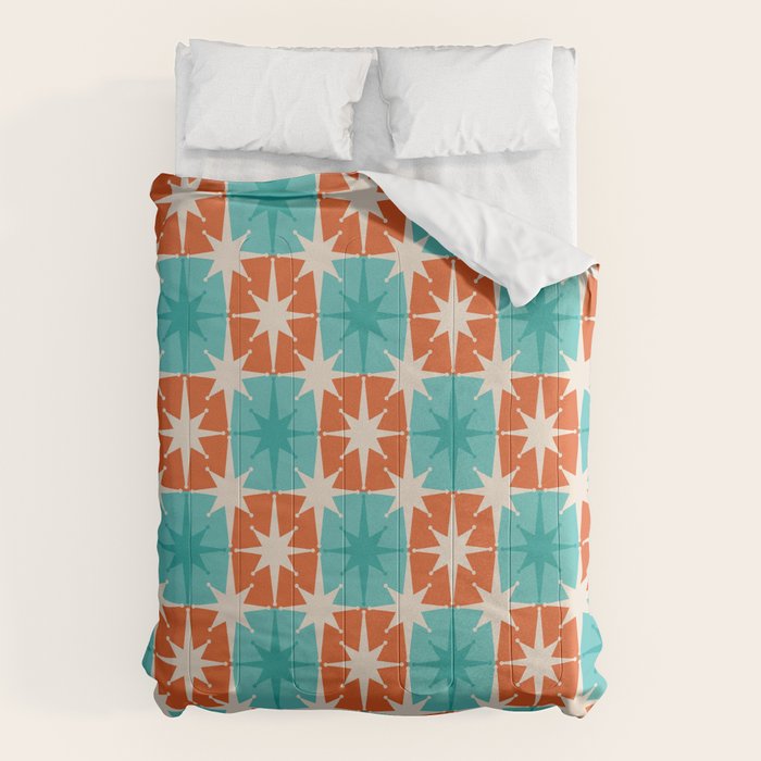 Mid Century Modern Atomic Stars Retro Checkered Starburst Pattern in Teal Turquoise Orange Comforter Gallery Image 6