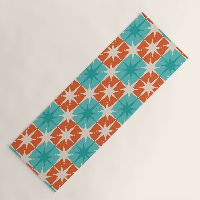 Mid Century Modern Atomic Stars Retro Checkered Starburst Pattern in Teal Turquoise Orange Yoga Mat Gallery Image 1