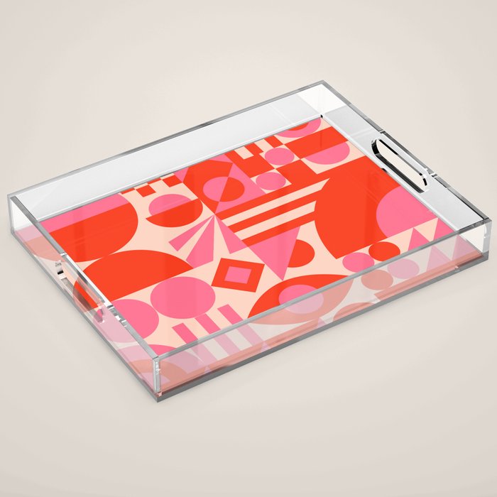 Bauhaus Mid Century Abstract Shapes red and pink Acrylic Tray Gallery Image 1