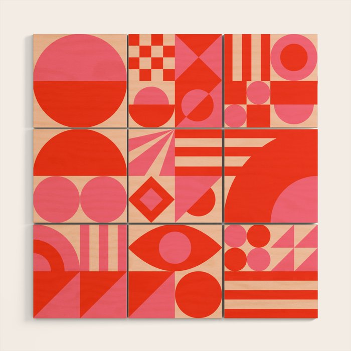 Bauhaus Mid Century Abstract Shapes red and pink Wood Wall Art Gallery Image 1