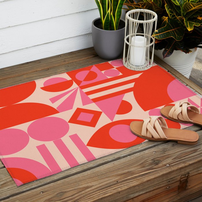 Bauhaus Mid Century Abstract Shapes red and pink Outdoor Rug Gallery Image 2