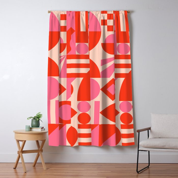 Bauhaus Mid Century Abstract Shapes red and pink Window Curtain Gallery Image 1