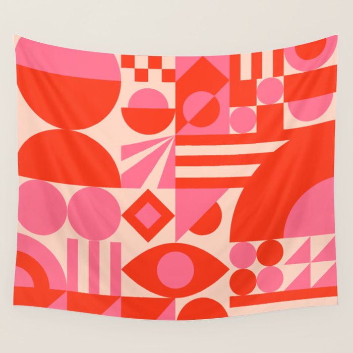 Bauhaus Mid Century Abstract Shapes red and pink Wall Tapestry Gallery Image 4