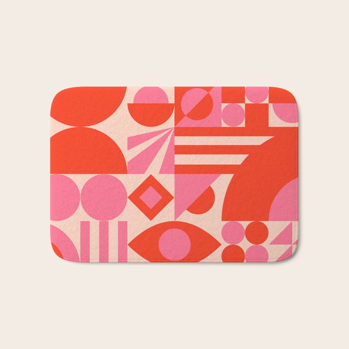 Bauhaus Mid Century Abstract Shapes red and pink Bath Mat Gallery Image 1
