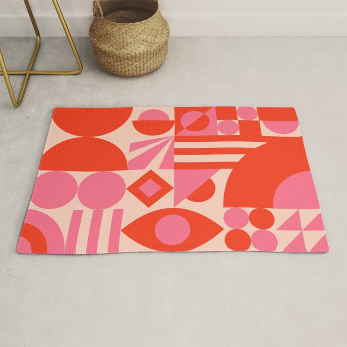 Bauhaus Mid Century Abstract Shapes red and pink Rug Gallery Image 1
