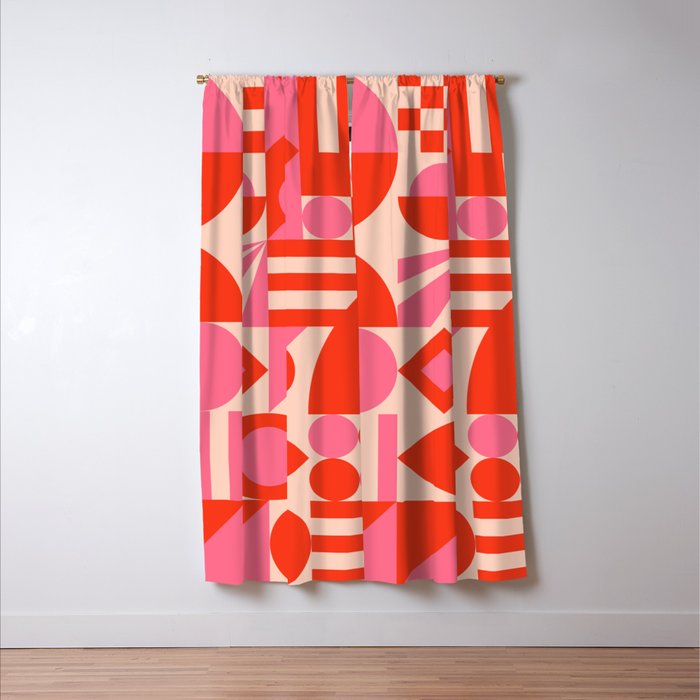 Bauhaus Mid Century Abstract Shapes red and pink Window Curtain Gallery Image 3
