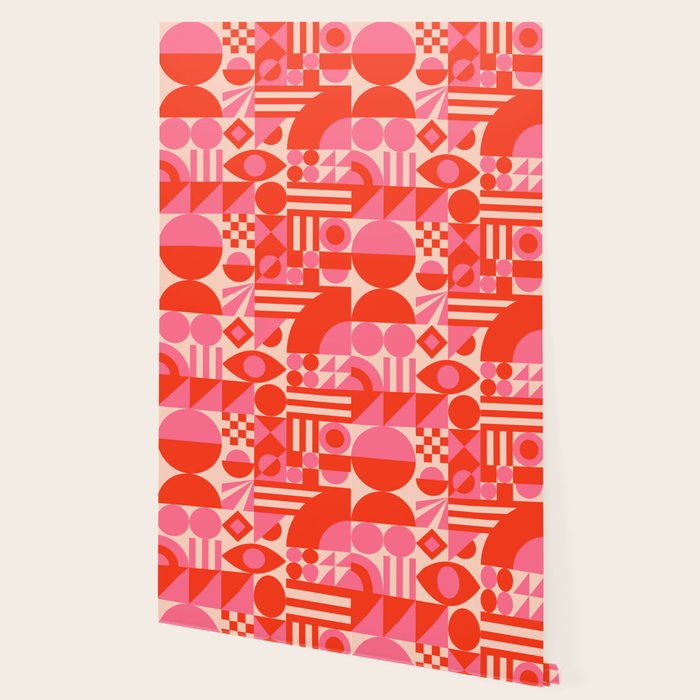 Bauhaus Mid Century Abstract Shapes red and pink Wallpaper Gallery Image 2