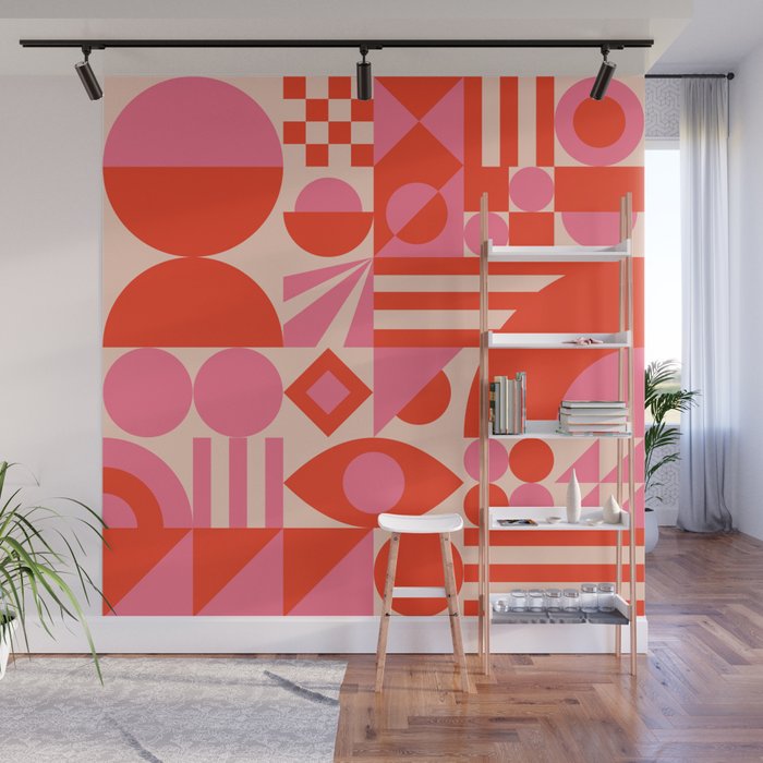 Bauhaus Mid Century Abstract Shapes red and pink Wall Mural Gallery Image 1